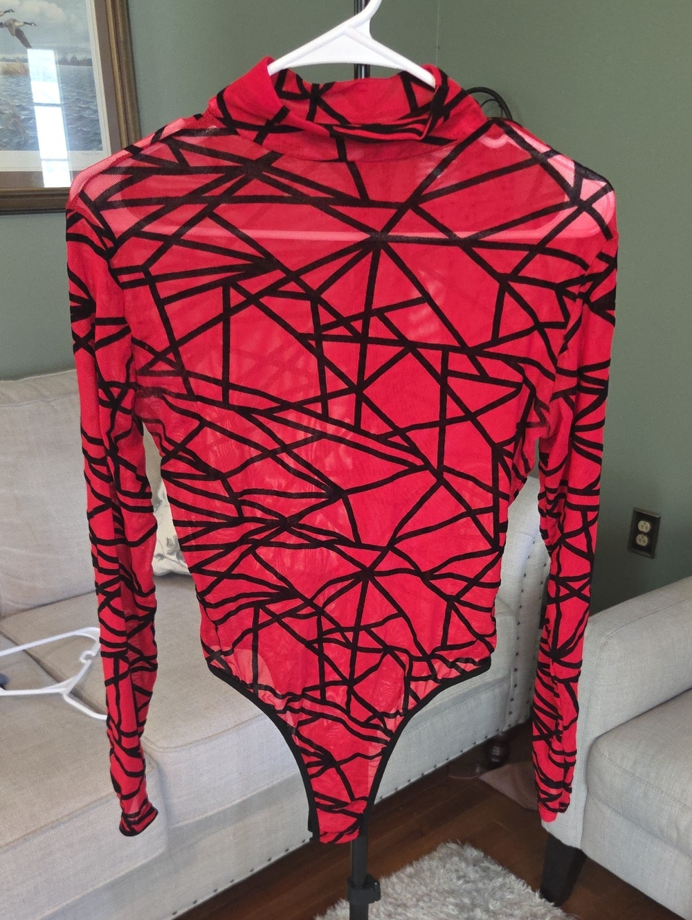 Red Geometric Mesh Long-Sleeve Bodysuit